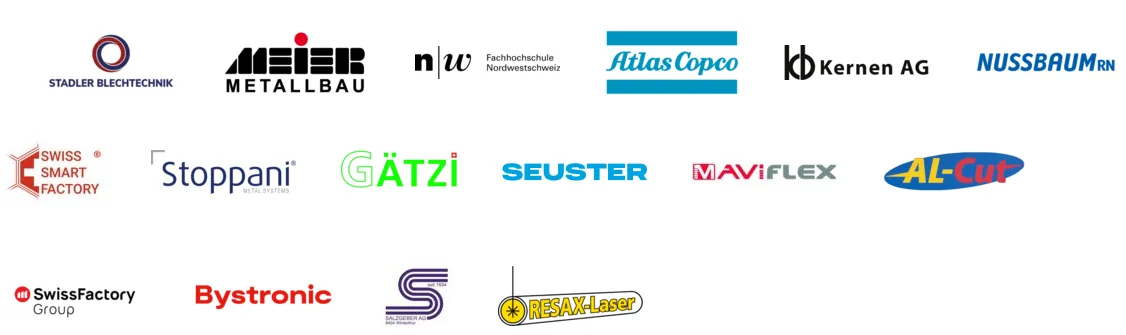 Logos von Kunden und Partnern, darunter Stoppani, Seuster, Bystronic, Atlas Copco, Nussbaum, AL-Cut und SwissFactory Group